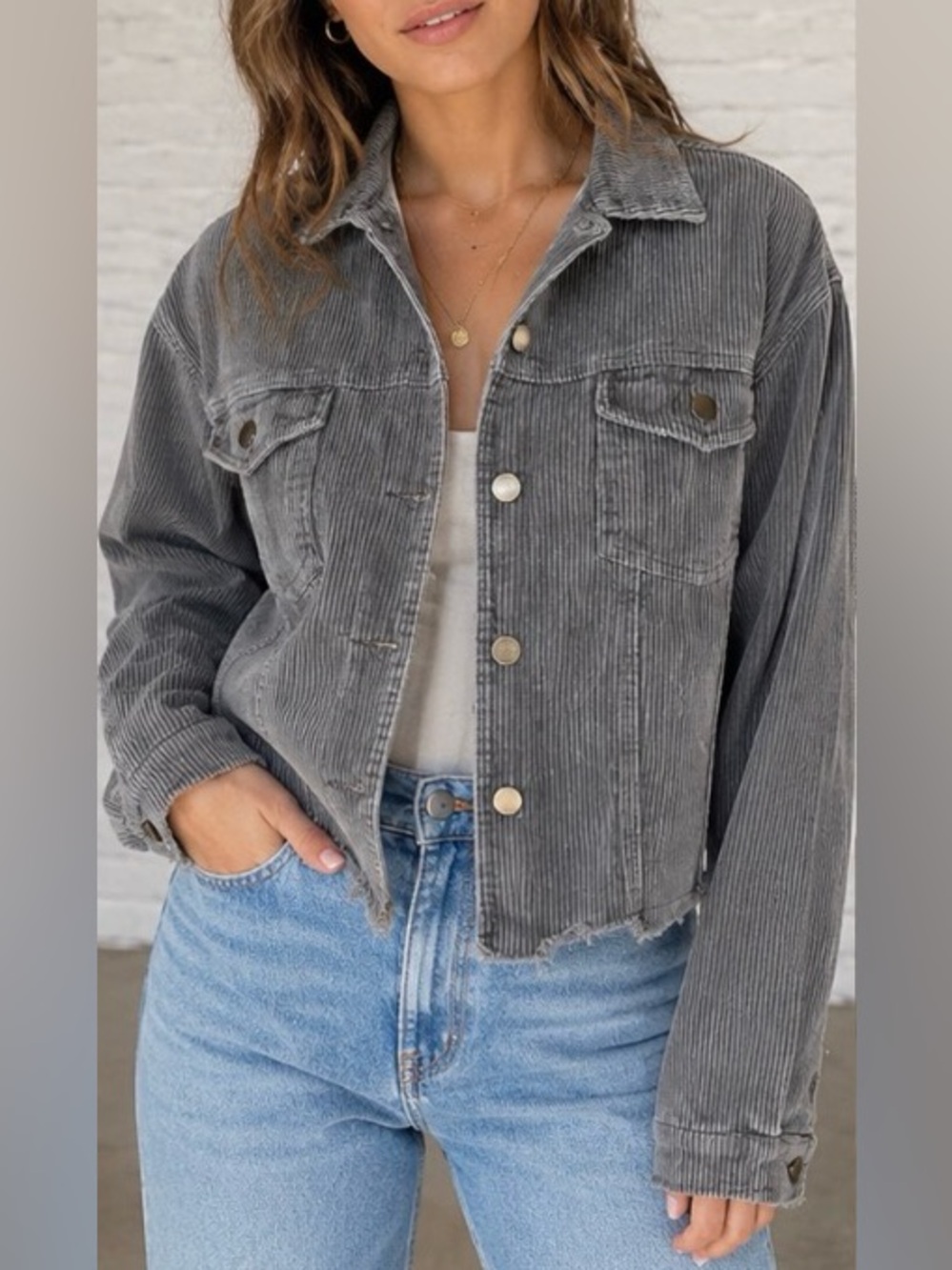 Pol charcoal Grey Corduroy Button-Front fall Jacket 100% cotton S